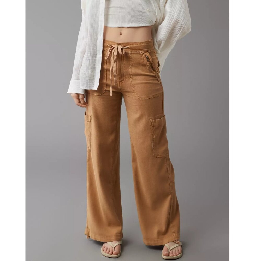 AE Dreamy Drape Linen-Blend Baggy Wide-Leg Cargo Pant NWT Sz 6L